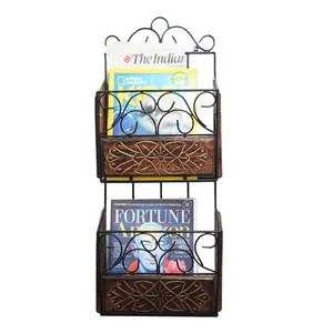 WROUGHT IRON CRAFTS Wrought Iron & Wooden Magazine Cum Newspaper Stand Basket Organizer for Home Living Room or Office Newspaper Magazine Holder etc.(67x27x11) Cm