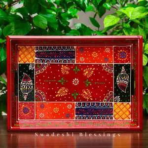 TERRACOTTA POTTERY OF RAJASTHAN Wooden Serving Tray- Handcrafted & Hand-Painted for Kitchen/Table & Home Decor/Dinning/Gifts/Restaurants/Living Room/Coffee Table 34Cm(Single Tray) (Red)