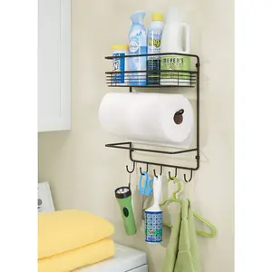 WROUGHT IRON CRAFTS Metal Kitchen/Bathroom Storage Rack Towel Holder/Paper Towel Holder with Hooks