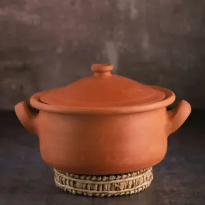 TERRACOTTA POTTERY OF RAJASTHAN Exclusive Range Unglazed Clay Pot for Cooking & Serving with Lid/Earthen Kadai/Mud Handi/Mitti Ke Bartan (with Mirror Shine) + ASH for Cleaning (2 Liters)