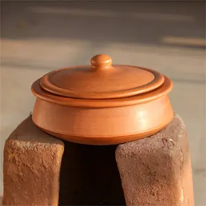 TERRACOTTA POTTERY OF RAJASTHAN Exclusive Range Unglazed Clay Handi/Earthen Kadai/Clay Pot for Cooking & Serving with Lid (with Mirror Finish) + Free ASH for Cleaning(2.8 Liters Handi)