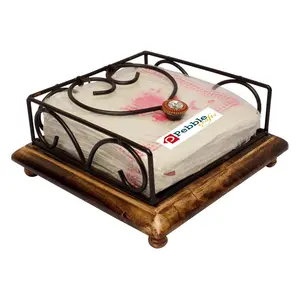 WROUGHT IRON CRAFTS Wooden and Wrought Iron Tissue Paper and Napkin Holder Box for Dining Table Home