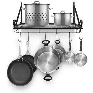 WROUGHT IRON CRAFTS Pots and Pan Rack Decorative Wall Mounted Storage Hanging Rack Multipurpose Wrought-Iron shelf Organizer for Kitchen Cookware Utensils Pans Books Bathroom (Wall Rack - Black)