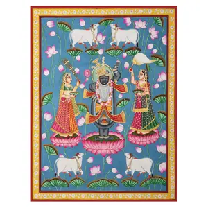 PICHWAI- PAINTED TEMPLE HANGING Large Pichwai Painting Print Shrinathji Leela with Gopis & Cows in Lotus Pond Size 24X32 Inches