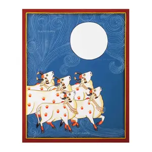 PICHWAI- PAINTED TEMPLE HANGING Large Pichwai Painting Print Kamdhenu Cows under Poornima Moon Size 24X30 Inches