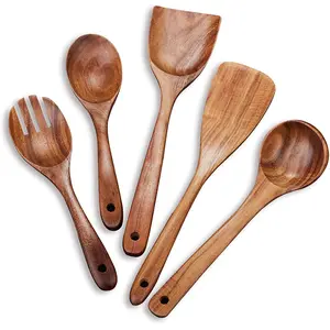 WROUGHT IRON CRAFTS Teak Wood Wooden Utensils for Cooking - Non-Stick Soft Comfortable Grip Wooden Cooking Utensils - Smooth Finish Teak Wooden Spoon Sets for Cooking (Set of 5)