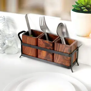 WROUGHT IRON CRAFTS Wood and Wrought Iron Spoon Cutlery Holder Multipurpose Stand Table Organizer with 3 Wooden jar