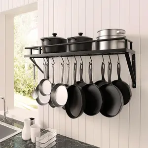 WROUGHT IRON CRAFTS Wall Mounted Wrought-Iron Multipurpose Decorative Storage Hanging Pots and Pan Rack/Shelf Organizer for Kitchen Cookware Utensils Pans Books Bathroom (Black)