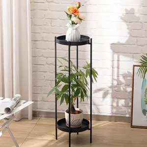 WROUGHT IRON CRAFTS Metal Plant Stand for Flower Pot Large Plant Stands Potted Holder Outdoor 2 Tier Plants Display Rack Shelf Double Tray Garden Round Supports for Planter (Pack of 1 Black)