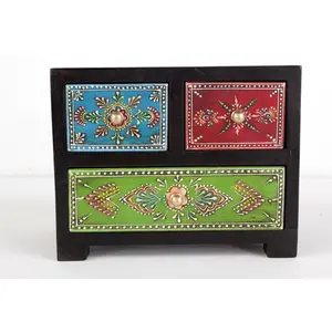 HANDPAINTED WOODEN DRAWER CHEST Traditional Woodenen Ethinc Hand Painted 2+1 Drawer Chest Size 7.5x4.5x6Inch / 18.75x11.25x15Cm
