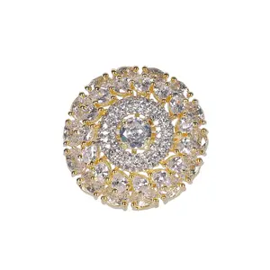 KUNDAN & MEENAKARI JEWELLERY Round Shape Exclusive Golden American Diamond Cubic Zirconia AD Adjustable Ring For Women And Girl Rhodium Plated Alloy/Birthday Gift Anniversary Gift