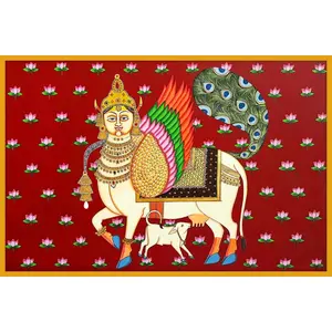 PICHWAI- PAINTED TEMPLE HANGING Large Pichwai Painting Print Kamdhenu Cow with Calf Size 24X36 Inches