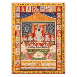 PICHWAI- PAINTED TEMPLE HANGING Pichwai Print Shrinathji Chappan Bhog Darshan Painting - Size 24X32 Inches Large Multicolour