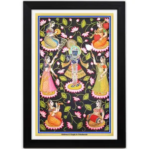 PICHWAI- PAINTED TEMPLE HANGING Krishna & Gopis in Vrindavan Pichwai Painting Framed Size 13.5X19.5 Inches