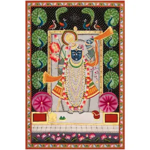 PICHWAI- PAINTED TEMPLE HANGING Large Pichwai Painting Print Shrinathji with Peacocks Darshan Size 24X36 Inches