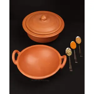 TERRACOTTA POTTERY OF RAJASTHAN Exclusive Range Unglazed Clay Handi/Bhagona/Earthen Kadai/Clay Pots Combo For Cooking & Serving With Lid 1.8 & 2.5 Liter (Natural Firing Shade & Mirror Shine)+FREE ASH For Cleaning