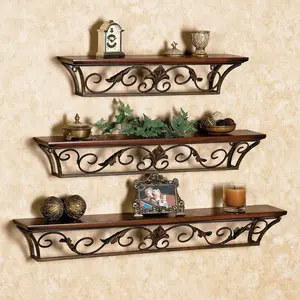 WROUGHT IRON CRAFTS Wooden & Wrought Iron Rack Shelf/Pot Stand/Wall Stand (Set of 3)