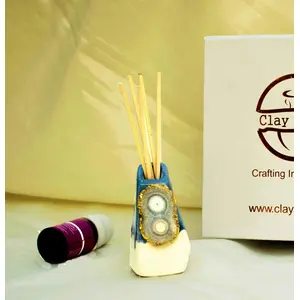 TERRACOTTA POTTERY OF RAJASTHAN Handmade Ceramic-Agate Stone Reed Diffusers Blue-Gift Box