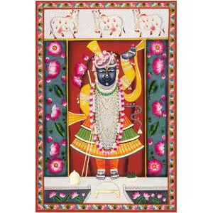 PICHWAI- PAINTED TEMPLE HANGING Large Pichwai Painting Print Shrinathji with Lotus & Cows Darshan Size 24X36 Inches