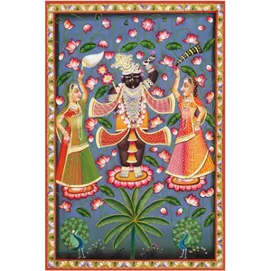 PICHWAI- PAINTED TEMPLE HANGING Large Pichwai Painting Print Shrinathji with Gopis in Kamal Talai Size 24X36 Inches