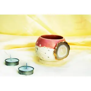 TERRACOTTA POTTERY OF RAJASTHAN Handmade Ceramic-Agate Stone Tea Light Holder Pink-Gift Box
