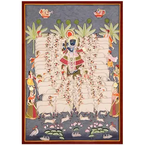 PICHWAI- PAINTED TEMPLE HANGING Large Pichwai Painting Print Shrinathji with his Cows Size 24X34 Inches Multicolour
