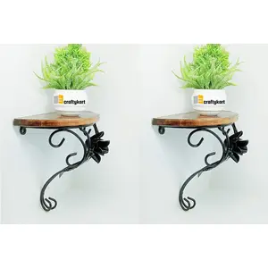 WROUGHT IRON CRAFTS Wall Mounted Wooden and Wrought Iron Wall Bracket Shelf Decor for Bedroom Living Room Photo Frame Flower Pot WiFi- Home and Office ( Rose Bracket - Set )