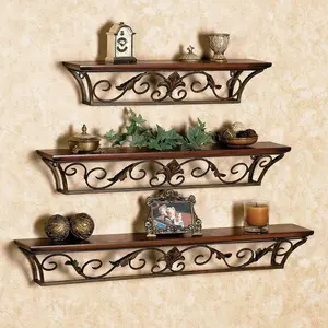 WROUGHT IRON CRAFTS Floating Shelves Wall Mounted Set of 3Wood and Iron Wall Shelves for Bedroom Living Room Bathroom Kitchen (19 X 5 X 3.5 in Brown)