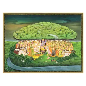PICHWAI- PAINTED TEMPLE HANGING Large Pichwai Painting Print Krishna Lifts Goverdhan Hill Size 32X24 Inches