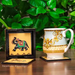 TERRACOTTA POTTERY OF RAJASTHAN Wooden Square Coffee/Tea Coasters Set- Handcrafted & Hand-Painted for Kitchen/Table & Home Decor/Dinning/Gifts/Restaurants/Living Room/Coffee Table (Set of 6) (Yellow Elephant)