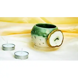 TERRACOTTA POTTERY OF RAJASTHAN Handmade Ceramic-Agate Tea Light Holder Green-Gift Box