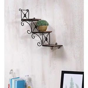 WROUGHT IRON CRAFTS Handmade Beautiful Wooden Wall Hanging Shelf with a Unique Wall Art in Stair Shape