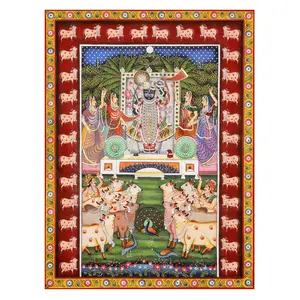 PICHWAI- PAINTED TEMPLE HANGING Religious Large Pichwai Painting Print Shrinathji with Gopis and Cows Size 24X32 Inches- Multicolour X-Large