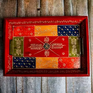 TERRACOTTA POTTERY OF RAJASTHAN Wooden Tray for Serving- Handcrafted & Hand-Painted for Kitchen/Table & Home Decor/Dinning/Gifts/Restaurants/Living Room/Coffee Table 30Cm (Single Tray) (Antique Red) Rectangular