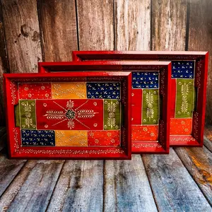 TERRACOTTA POTTERY OF RAJASTHAN Wooden Serving Tray Set- Handcrafted & Hand-Painted For Kitchen/Table & Home Decor/Dinning/Gifts/Restaurants/Living Room/Coffee Table (Set of 3 Trays Antique Red Rectangular)