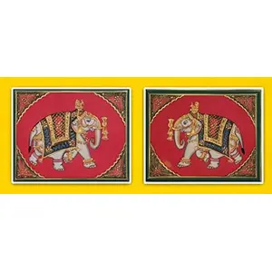 PICHWAI- PAINTED TEMPLE HANGING - Embossed Elephant Art Rajasthani Pichwai Painting (A Set of 2 pcs) (Handmade Painting) E001