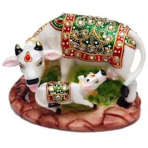 MEENAKARI ENAMEL PRODUCTS Polyresin Kamdhenu Cow with Calf Idol Statue for Pooja Home Temple Dcor Gift (Green)