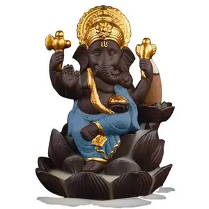 MEENAKARI ENAMEL PRODUCTS Polyresin Lotus Ganesha Smoke Backflow Fountain Incense Cone Holder Decorative Showpiece Gift with Free 10 Smoke Backflow Scented Cone Incenses (Blue)