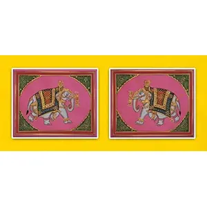 PICHWAI- PAINTED TEMPLE HANGING - Embossed Elephant Art (A Set of 2 pcs) (Handmade Painting) E003