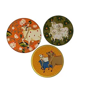 PICHWAI- PAINTED TEMPLE HANGING - Cows Handmade Pichwai on Wooden Plates (A Set of 3 Different Plates) (Handmade Painting) (6x6 inches)