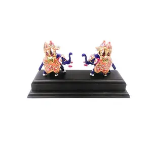 MEENAKARI ENAMEL PRODUCTS Metal Hand Painted Trunk Up Elephant Statue On Base Animal Figurines Showpiece for Home Decoration One Pair