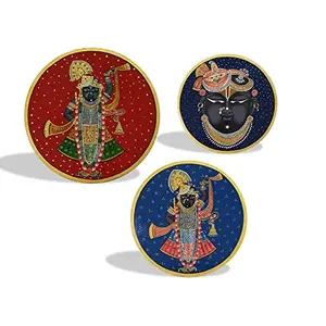 PICHWAI- PAINTED TEMPLE HANGING - Shri Nath Ji Decorative Wall Plates - Hand Painted on Wood (A Set of 3 Different Wooden Plates - 6810 inches)