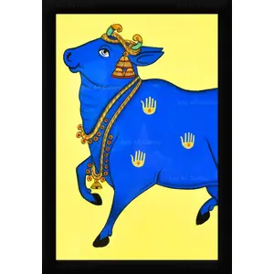 PICHWAI- PAINTED TEMPLE HANGING Pichwai Painting Kamdhenu Cow Blue & Yellow Photo Frame Size 13.5X19.5 Inches
