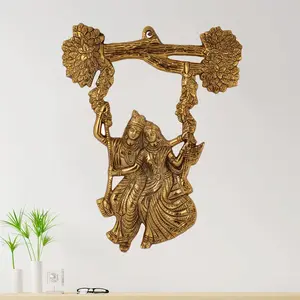 MEENAKARI ENAMEL PRODUCTS Metal Radha Krishna Jhula Wall Hanging Idol for Home Decor Gifts (Golden 24X1X30 cm)