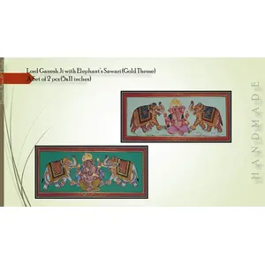 PICHWAI- PAINTED TEMPLE HANGING - Lord Ganesh Ji with Elephants Sawari Rajasthani Pichwai Painting (A Set of 2 Paintings) (Handmade Painting on Paper)