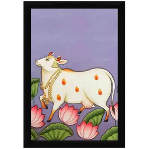 PICHWAI- PAINTED TEMPLE HANGING Pichwai Painting Kamdhenu Cow in Lotus Pond Photo Frame Size 13.5X19.5 Inches