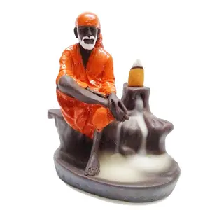 MEENAKARI ENAMEL PRODUCTS Smoke Backflow Fountain Sai Baba Incense Holder Decorative Showpiece Gift with Free 10 Scented Cone Incenses (Orange)