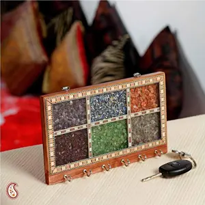 MEENAKARI ENAMEL PRODUCTS Handicraft Decorative Wooden with Color Gem Stones Key Holder Key Chain Stand Wall Mount Key Rack with 6 Hook Set (Multi Color)