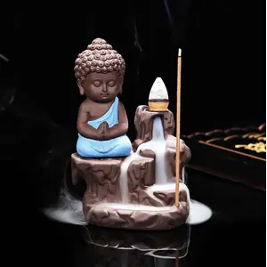 MEENAKARI ENAMEL PRODUCTS Meditating Monk Buddha Smoke Backflow Fountain Cone Incense Holder Decorative Showpiece with Free 20 Smoke Backflow Scented Cones Incense (Blue)
