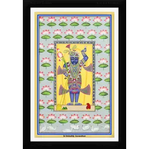 PICHWAI- PAINTED TEMPLE HANGING Shrinathji in Lotus Sea Pichwai Painting Framed Size 13.5X19.5 Inches